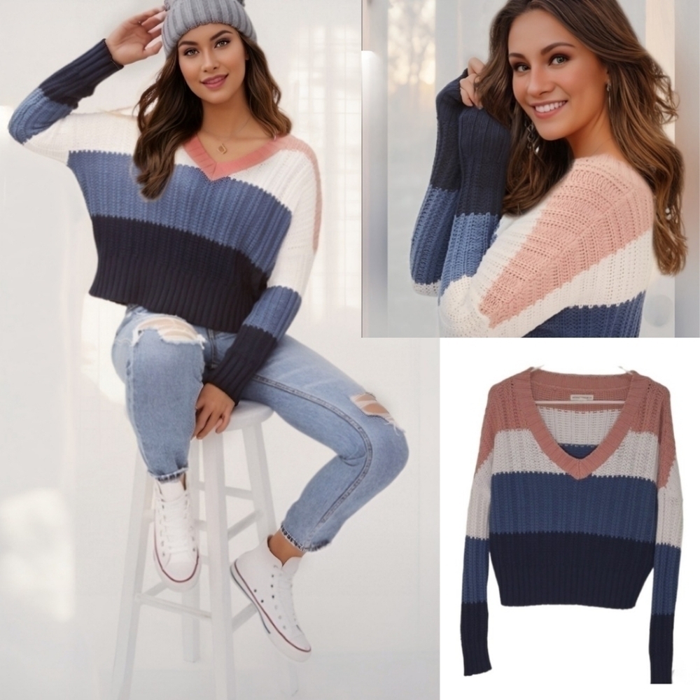 Aeropostale V Neck Cropped Stripped Color Block Knit Sweater Size X Small